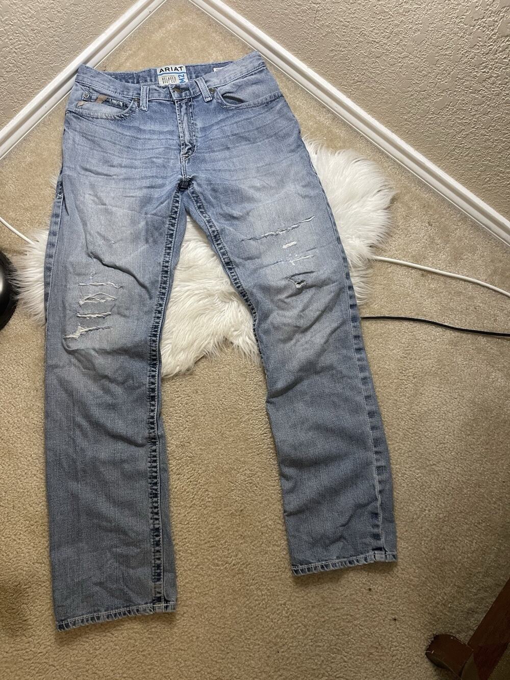 Ariat M2 Relaxed Boot Cut Jeans Mens 32x36 Light Wash Distressed Western Denim